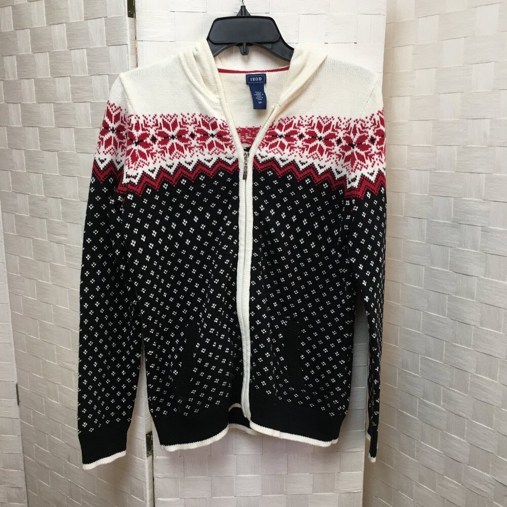izod snowflake cardigan sweater size small white, black, red